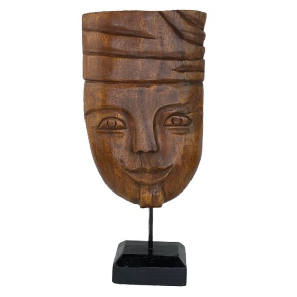 Vintage Wood Carved Turban Head Bust Mask Wood Base - Picture 1 of 9